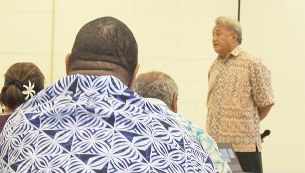 Commerce Department director Keniseli Lafaele speaking at last Thursday’s cabinet meeting regarding the upcoming Two-Samoa Talks now set for Oct. 12th in Apia.  [photo: FS]