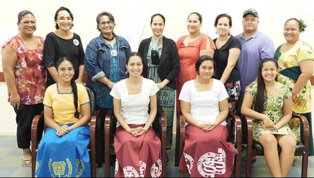 The four recipients of the 2017 National Summer Transportation Institute (NSTI) studies award at Virginia State University with their parents and (center, back row) the Director of Public Works Faleosina Voigt.  Seated (L-R): are the four students Morgan Ulu of Samoana High School, Nichole Semeatu and Vini Sipili of Tafuna High School and Casidhe Mahuka of Faasao Marist High School, who were selected from 52 applicants.  [Photo: EM]