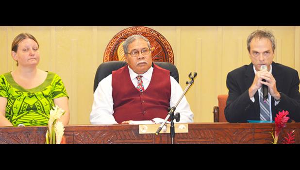 Director of the Department of Agriculture, Filifa’atali M. Fuiava (middle), Dr. Kristen Jensen (right) from the Veterinary Clinic, and Land Grant's Mark Schmaedick during a hearing before the House Agriculture Committee last Friday.  [photo: AF]