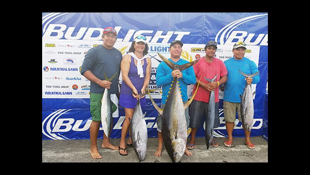 Crew of the Dorado boat pictured last Saturday, after wining 1st place for the heaviest Yellowfin, weighing in at 113.2 pounds, during the  during the 1st Annual Suds Open Fishing Tournament, co-hosted by the National Marine Sanctuary of American Samoa (NMSAS) and its major sponsors were Bud Light and South Pacific Distributors Inc. (SOPAC).  [photo: NMSAS]