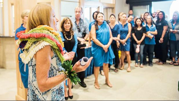Dr. Babington addresses faculty, students and staff on her first day.  [Courtesy photo]