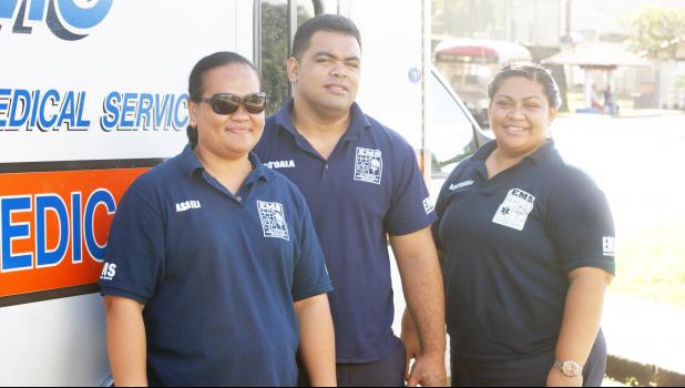 The three Emergency Medical Technicians, D. Asaeli, S. Tooala, and T. Amituanai, who were patrolling the East side in their unit during the fautasi race in Satala. Flag Week is usually a busy week for the EMS, so 5 EMS vehicles are divided throughout American Samoa to look out for the public in case of any emergencies.  [Photo: Ese Malala]
