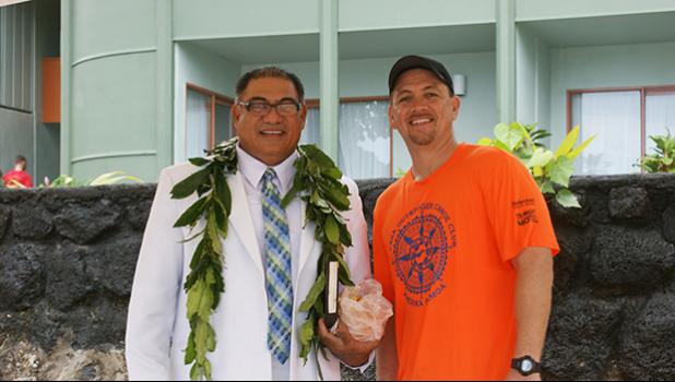 Rev. Ioane Evagelia and Michael McDonald, President of the American Samoa Association of Paddlers (ASAP) on Tuesday afternoon in celebration of the six new outrigger canoes being blessed in a ceremony at Sadie’s by the Sea beach. [photo: Ese Malala]