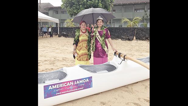 Miss American Samoa Antonina Lilomaiava, who attended the blessing ceremony for the six new outrigger canoes, on behalf of the American Samoa Visitors Bureau, who has sponsored one of the new canoes, on Tuesday, at Sadie’s by the Sea beach in Utulei.  [photo: Ese Malala]