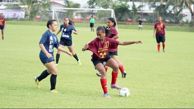 Tafuna’s Elcy Lui in action against SPA during the ASHSAA Girls Soccer Championship game at Pago Park Soccer Stadium on Wednesday, March 22, 2017. The Warriors won 2-0, thanks to Lui’s two goals that helped her nab the final’s MVP award. [FFAS MEDIA/Brian Vitolio]