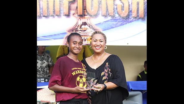 Elcy Lui of Tafuna accepts her ASHSAA Girls Soccer Championship Game MVP award from FFAS Vice-President, and Head of Women’s Soccer, Sandra Fruean, at Pago Park Soccer Stadium on Wednesday, March 22, 2017.  Tafuna won the championship against South Pacific Academy, ending the private high schools streak of two straight championship titles in the girls’ varsity division. [FFAS MEDIA/Brian Vitolio]