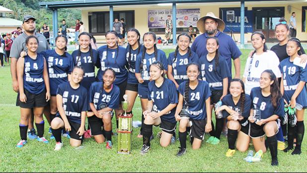 The SPA Dolphins squad, second place finishers for the ASHSAA Girls varsity soccer season 2016-2017 at Pago Park Soccer Stadium on Wednesday, March 22, 2017. [FFAS MEDIA/Brian Vitolio]