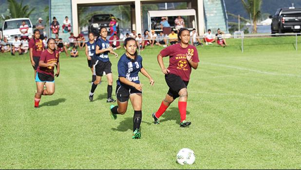 SPA’s Monique Hollister in action against Tafuna during the ASHSAA Girls Soccer Championship game at Pago Park Soccer Stadium on Wednesday, March 22, 2017. [FFAS MEDIA/Brian Vitolio]
