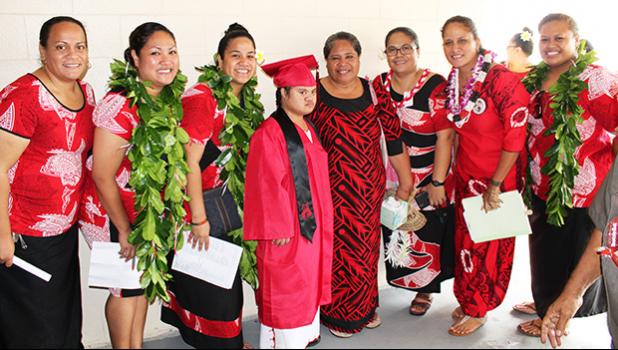 A Special Education student from Faga’itua HS, surrounded by proud teachers and her mother yesterday during the Vikings Class of 2017 commencement ceremony.  [photo:EM]