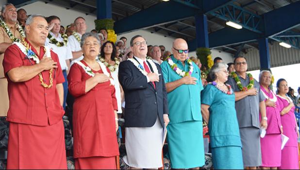 Front ROW during flag raising yesterday for the 2018 Flag Day ceremony at Veterans Memorial Stadium [l-r]  Gov. Lolo Matalasi Moliga n his wife Cynthia Moliga; U.S. Interior Assistant Secretary for Insular and International Affairs, Doug Domenech; Chief Justice Michael Kruse and his wife Gail; Senate President Gaoteote Tofau Palaie; and House Speaker Savali Talavou Ale and his wife. [photo: AF]