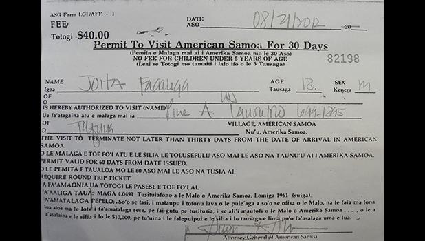 Here is the copy of the Entry Permit that allowed Joita Fa’aaliga to enter the territory on August 2012.  [photo by AF]