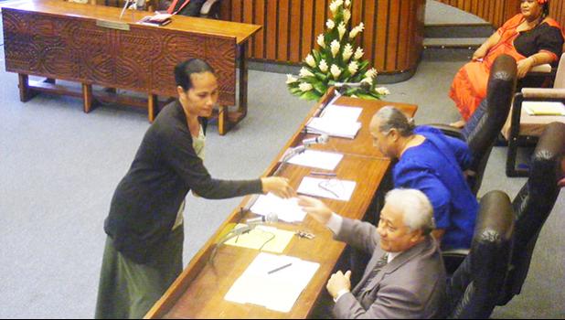 Newly confirmed Department of Public Works director Faleosina Voigt (left) shakes hands with senators following her confirmation hearing last Thursday in the Senate.  [photo: FS]