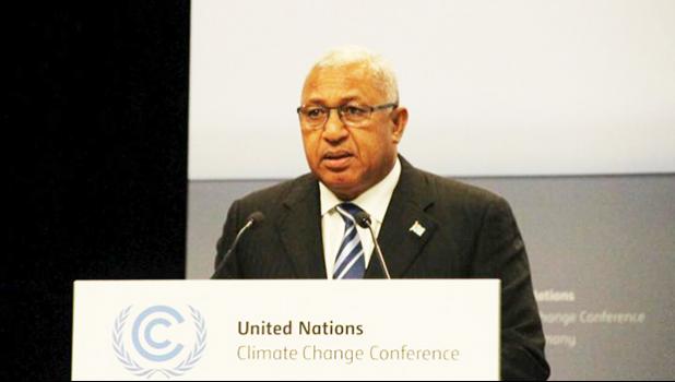  Fiji Prime Minister Frank Bainimarama addressing climate change talks consultations in Bonn, May 2017 [Photo: Supplied] 