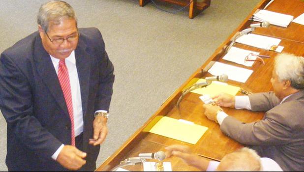 Newly confirmed Agriculture Department director, Filifa’atali Michael Fuiava (left) shakes hands with senators following her confirmation hearing last Thursday in the Senate.  [photo: FS]