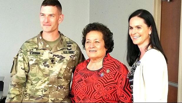  LTC Jeremiah OConnor, Battalion Commander of the 87th COMPOSITE SUSTAINMENT SUPPLY BATTALION OF THE 3RD SUSTAINMENT BRIGADE of 3ID, Fort.Stewart is pictured with Congresswoman Aumua Amata Radewagen and Mrs. Mary Britton, the wife of COL. Britton, 3rd Sustainment Brigade Commander after Mrs. Britton presented the Congresswoman with a welcoming gift of friendship from the Marne Soldiers and 3SB and a gift of friendship between the congresswoman and Fort Stewart.  [courtesy photo]