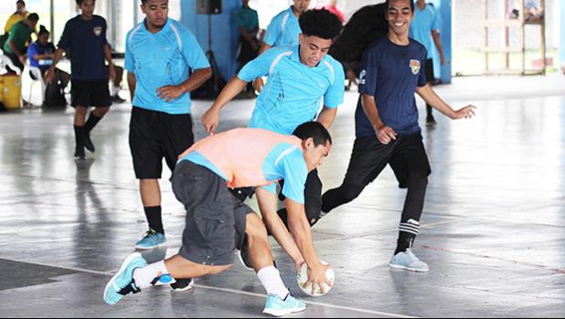 Green Bay B’s goalkeeper in action against Pago Youth 2 on Match Day 3 of the 2017 FFAS Futsal Tournament at Samoana High School’s gym in Utulei on Saturday, May 20, 2017.   [FFAS MEDIA/Brian Vitolio]