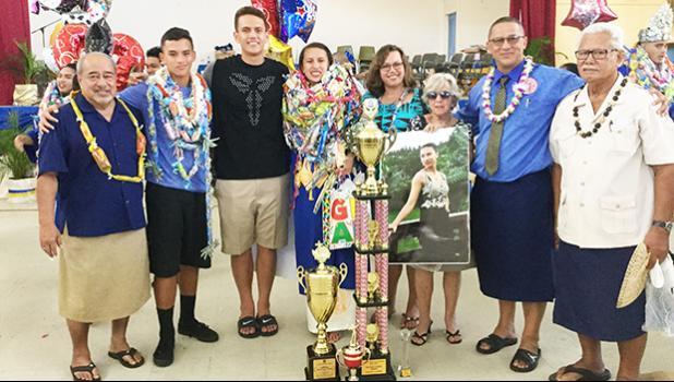 Fa’asao Marist High School 2017 Valedictorian, 17-year old Gabrielle Langkilde (4th from right) with her family, including her parents Victor and Gwen, following Saturday’s Fa’asao Marist HIgh School graduation ceremony at Fatu-o-aiga Hall. Gabrielle will be heading soon to Harvard University majoring in environment engineering. [Courtesy photo]
