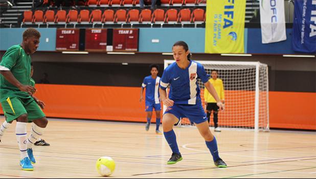American Samoa Youth Futsal team’s captain Gabriel Taumua in action against the Solomon Islands during a game of the OFC Youth Futsal Tournament at Bruce Pulman Arena in Auckland, New Zealand on Wednesday, October 4, 2017.  [FFAS MEDIA/Brian Vitolio]