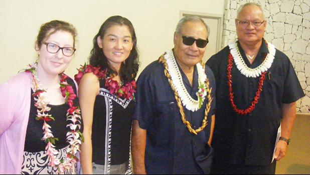 [l-r] US Department of Labor’s Wage and Hour Division (USDOL-WHD) investigator Sarah Janeski; USDOL-WHD Assistant Director of the Honolulu District Office, Min Kirk; Gov. Lolo Matalasi Moliga; and Police Commissioner Le’i Sonny Thompson, following the 25th Police Academy graduation ceremony held on June 9 at the Governor H. Rex Lee Auditorium.  [photo: FS]