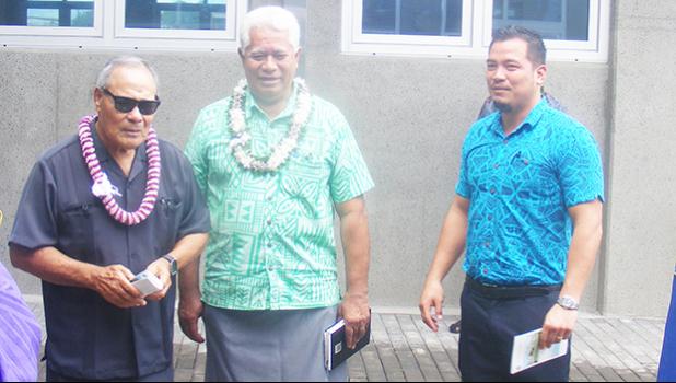 [l-r] Gov. Lolo Matalasi Moliga, ASPA board chairman Fonoti Perelini Perelini and ASPA board member Solip Hong, last Friday morning at the dedication of the $4.6 million ASPA Operations Center building in Tafuna.  [photo: FS]