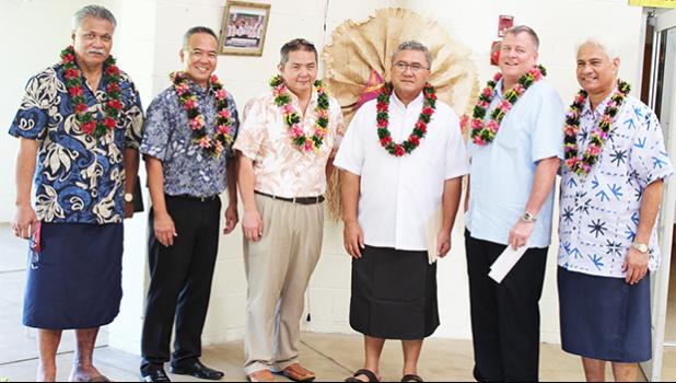  [l-r] Hope House board chairman Ta’afano Joe Tavale; BoH executive EJ Tyler Ozu; BoH executive Jon Murakami;  Monsignor Viane Etuale, Vicar General of the Diocese of Samoa Pago Pago; BoH executive Hobbs Lowson; and Hope House board member Larry Sanitoa, chairman of the Hope House 30th Anniversary Committee - pictured yesterday before BOH executives made its annual $10,000 donation to Hope House.  [photo: FS]