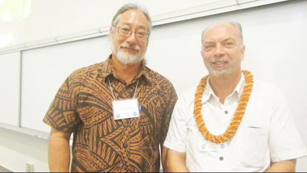 American Samoa’s Historic Preservation Officer, David J. Herdrich with Dr. Hans Van Tilburg, who was one of his collaborators on his presentation, “A History of the Development and Use of the Samoan Fautasi,” and one of the organizers of the the 28th  Annual Symposium on the Maritime Archaeology and History of Hawai’i and the Pacific on  February 18th, 2017.  [Courtesy photo]