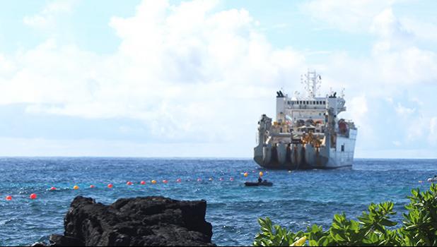 Anchored about 1,000 feet off the shore of Fogagogo last Saturday morning — the vessel Responder laying the Hawaiki cable to the Fogagogo landing station.  [photo: FS]