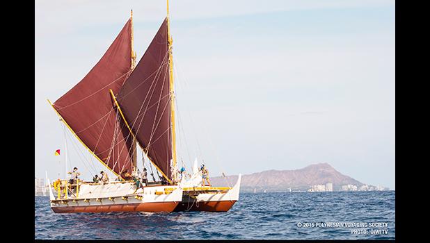 The Hawaiian voyaging canoe, Hōkūle'a, set out on a trip around the world in 2013 to promote traditional sailing techniques and marine conservation.  [Photo: 'Oiwi Tv / Kaipo Ki'aha]  Hokule'a, Hawaiian canoe, makes historic home return