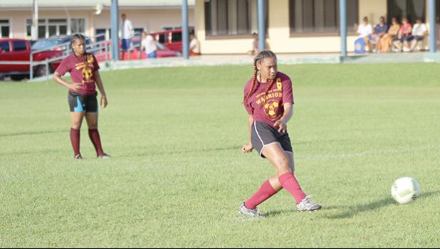 Tafuna’s Mala Mataiao takes a shot at goal against Fa’asao-Marist in a 2016-17 ASHSAA Girls Soccer playoff game at Pago Park Soccer Stadium on Monday, March 20, 2017. The defending champions FMHS, ranked No.1 lost their playoff game to Tafuna, ranked No. 4.  [FFAS MEDIA/Brian Vitolio]