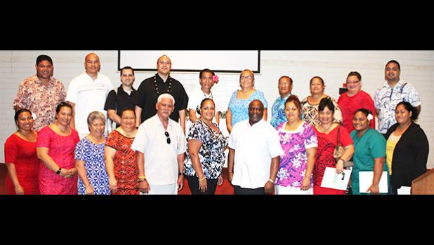 (Front row, center) SoValTi presenters, Tim Logan and Kendra Hughes with members of the Empowering Pacific Island Communities dba EPIC, a community-based nonprofit organization which, in collaboration with Catholic Social Services and Back on Track, hosted a symposium on Coordinated Community Response, on Wednesday, Dec. 6, 2017 — at the Fatu-o-Aiga Pastoral Center, in Tafuna.  [courtesy photo]