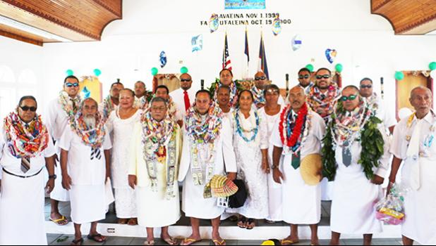 Rev. Iopu Ta’avao and the fathers of the Malaeloa Methodist Church after being gifted with candy ula’s and gifts as part of the Fathers Day celebration across the island yesterday. (Photo:THA)