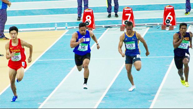 American Samoa Sprinter Isaac Silafau (2nd from left #116) competing in the 60m sprint category at the 5th Asian Indoor & Martial Arts Games in Ashgabat, Turkmenistan. Isaac's time of 7.4 seconds in the preliminary round did not qualify him for the first round. (Photo: Terry Custodio Auvaa) American Samoa Sprinter Isaac Silafau (2nd from left #116) competing in the 60m sprint category at the 5th Asian Indoor & Martial Arts Games in Ashgabat, Turkmenistan. Isaac's time of 7.4 seconds in the preliminary round did not qualify him for the first round. (Photo: Terry Custodio Auvaa)