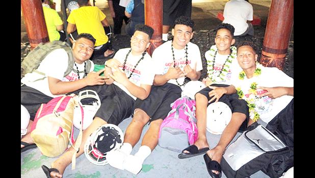 Some of the JPS Division I Football Team members posing for a group photo while awaiting their departure this past Wednesday evening for Hawai’i – to represent American Samoa in the JPS Paradise Football Classic III in Honolulu next week.  [photo: TG]