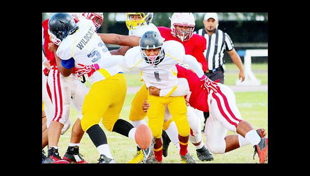 Joseph Mauga of the Wildcats hit hard by Georgie Mageo of the Vikings, causing a fumble early into the opening quarter of their JV match last Friday evening – the Vikings defeated Nu’uuli 31 - 14.  [photo: TG]