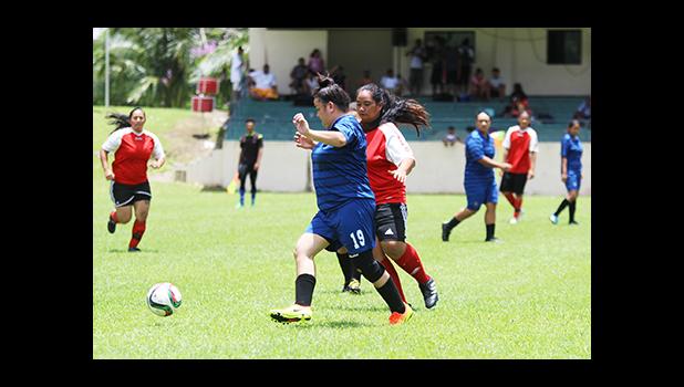 Tiffany Vasa (#19) of Green Bay in action against the Tafuna Jets’ Beulah Oney during a women’s game of Match Day 10 of the 2016 FFAS National League at Pago Park Soccer Stadium on Saturday, Oct. 29.   [FFAS MEDIA/Brian Vitolio]