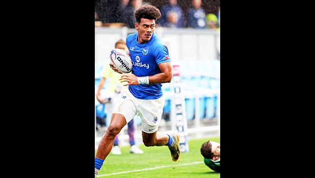 Joe Perez scores Manu Samoa's second try in their 10-5 victory over Ireland on Day 1 of the SiliconValley 7s, Avaya Stadium, San Jose, California. Later in the day, the Manu tied with England, 14 all and topped Canada 19-12.  [Photo:Barry Markowitz]