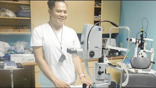 LPN Nurse Mafa stopped to pose for the Samoa News camera as she is preparing a patient to have their vision checked at the LBJ Hospital in Fagaalu. LBJ is asking patients of non-communicative diseases to be pro-active — keep your appointments and live healthy.  [Photo: Ese Malala]