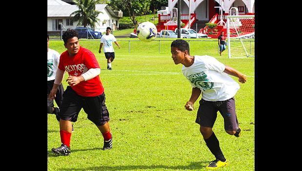 Henry Nautu of the Leone Lions’ JV team in action against the Faga’itua Vikings on April 7, 2018 during an ASHSAA Boys Soccer game at Pago Park Soccer Stadium.  [FFAS MEDIA/Brian Vitolio]