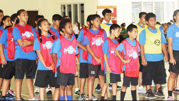 Le’atele students prepare for their theme presentation during the ASDOE/FFAS Just Play Program finale on Thursday, April 27, 2017 at the DYWA gymnasium in Pago Pago.  [FFAS MEDIA/Brian Vitolio]