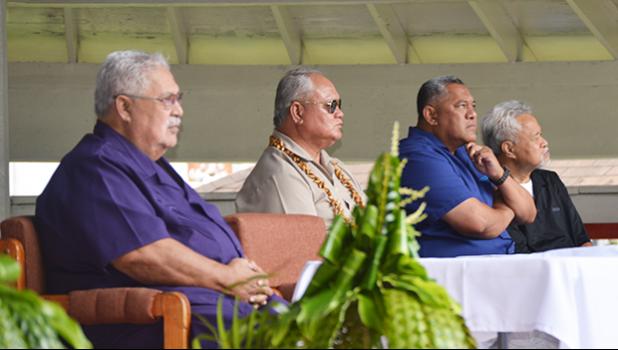 Police Commissioner Le’i Sonny Thompson (2nd left) during Monday’s celebration of Police Week at the Fagatogo malae. He says the police force faces a serious shortage of officers and is underpaid. The police officers are the “unsung heroes” working long hours to protect the people of American Samoa.  [SN photo]