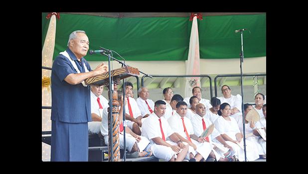 Gov. Lolo Matalasi Moliga in his Christmas address Sunday night at the Fagatogo Pavilion during the first night of the 39th annual Holiday Music Festival hosted by the American Samoa Council on Arts, Culture & Humanities and the Department of Youth and Women’s Affairs. Tonight is the last night of the holiday event.  [photo: AF]