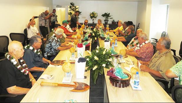 Gov. Lolo Matalasi Moliga and First Lady Cynthia Malala Moliga (head of table), along with lawmakers, senior ASG officials, and Secretary of Samoan Affairs Mauga T. Asuega during an executive lunch at the new Satala Power Plant, after it was dedicated Thursday morning, May 25.  [photo: Leua Aiono Frost]