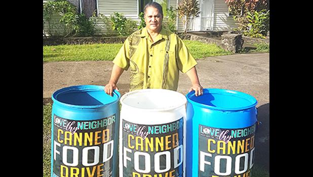 Three of the 55-gallon drums that will be used to collect nonperishable food items for the estimated 1,500 cannery workers who will be without paychecks for 5 weeks, when StarKist Samoa shuts down later this month.   [photo: BC]