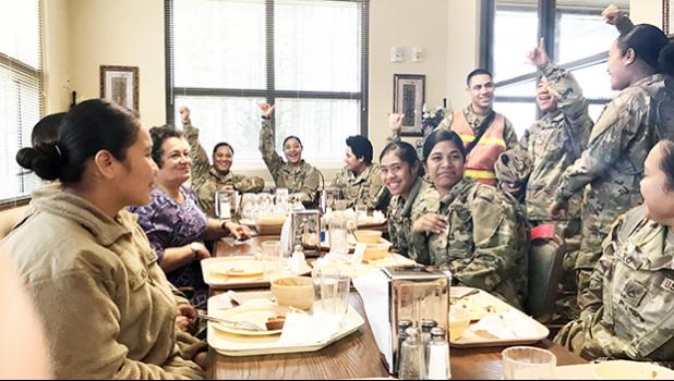 Congresswoman Aumua Amata was pleased to greet soldiers from American Samoa and spend time with them at Fort Lee, Virginia, including having lunch with them.  [Courtesy photo]