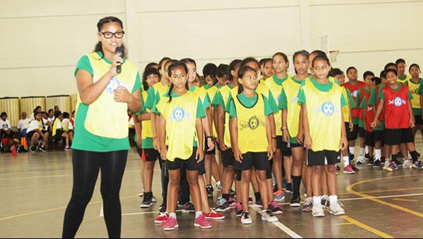 A Lupelele elementary student presenter explains their theme to the judges during the ASDOE/FFAS Just Play Program finale on Thursday, April 27, 2017 at the DYWA gymnasium in Pago Pago.   [FFAS MEDIA/Brian Vitolio]