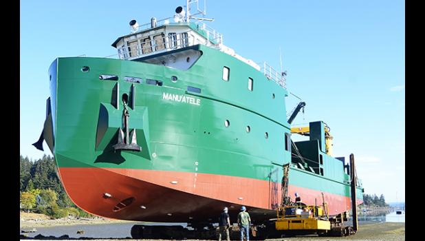 In this Aug. 29 photo, provided by South Whidbey Record newspaper with permission to reprint in Samoa News, the new ASG vessel Manu’atele at the Langley dock facility in Washington State. The vessel is tentatively scheduled to sail out of Washington State on Sept. 20, with a stop in Hawai’i arriving in Pago Pago next month.  [photo: Justin Burnett/South Whidbey Record]
