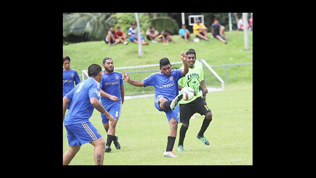 Green Bay player clears the ball against Ilaoa & To’omata during a men’s game on Match Day 4 of the 2016 FFAS National League on Saturday, Sept. 10, at Pago Park Soccer Stadium.   [FFAS MEDIA/Brian Vitolio]
