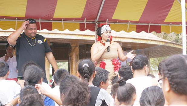 Joe “J-smooth” Iosua was the MC and DJ at the 2nd Annual MASI Easter Bash at le Suigaula a le Atuvasa in Utulei, last Saturday. He is seen here with beautiful Miss American Samoa Antonina Lilomaiava, as they greeted and entertained the crowd of families and visitors that crowded the event. [Photo: EM]