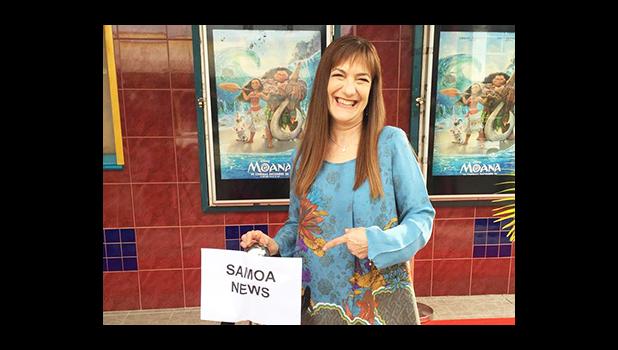 Disney Producer Osnat Shurer outside of Apollo Cinemas in Apia Samoa, for the private screening of Disney’s animated film, “Moana”. Shurer was with Pixar at one time and was also the producer for “The Incredibles” and then moved to Disney where she assisted with the creating of “Frozen”, but her first film — where she was into the development — was “Zootopia”.  [Photo: JL]