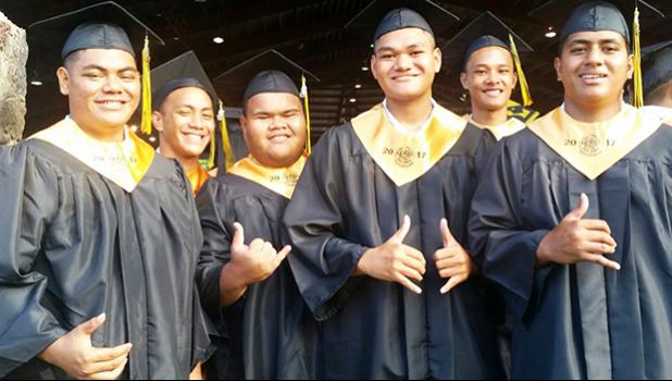 Six of the 74 graduates of Nuuuli Vocational Technical High School’s Class of 2017 who received their diplomas last Friday. [photo: Blue Chen-Fruean]